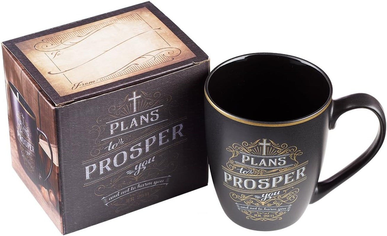 Christian Encouragement Gifts for Men/Women Matte Black Coffee Mug W/Metallic Font Scripture Verses “Plans to Prosper You” Jeremiah 29:11 12Oz Stoneware