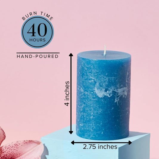 3X4 Inch Steel Blue Pillar Candles Set of 3, Rustic Texture, Unscented Blue Candles, Dripless Candles, 3 Inch Pillar Candles Ideal as Wedding, Parties, Spas, Dinner Home Decoration Church