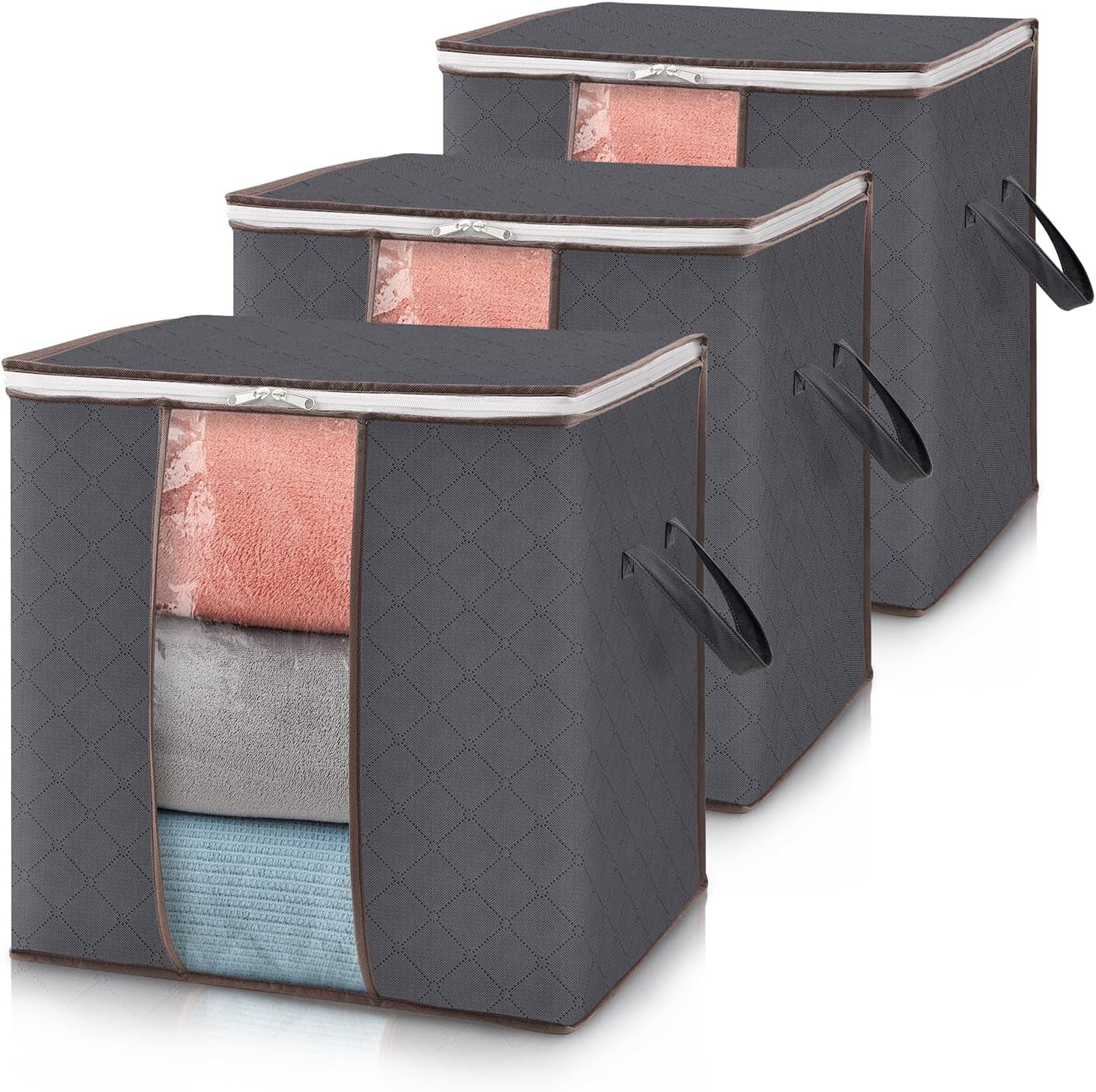 3 Pack 100L Clothes Storage Bins with Lids, Foldable Blanket Storage Bags with Zippers, Clear Window and Reinforced Handles, Closet and Organization for Clothing, Sweater, Comforter, Bedding
