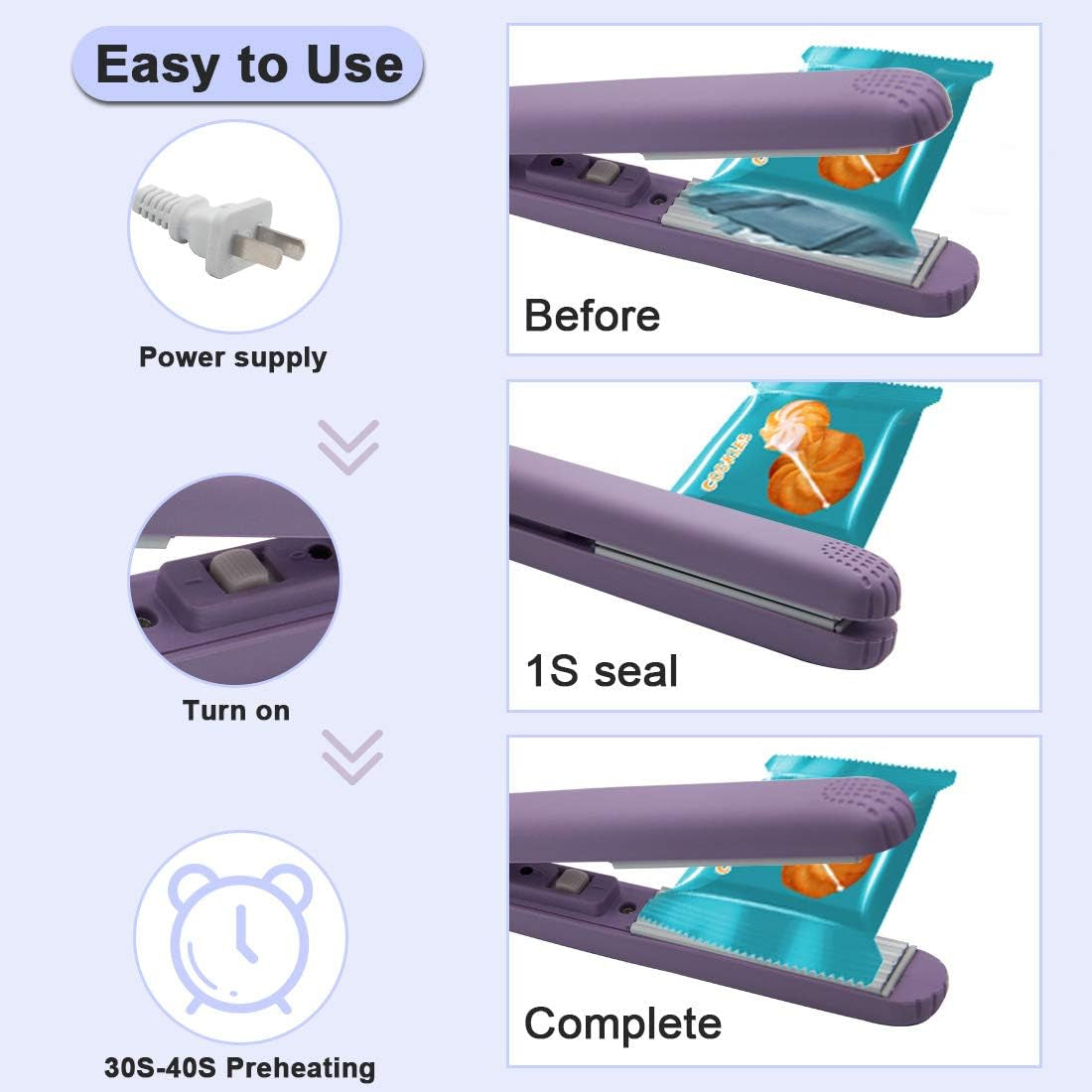 Bag Sealer Heat Sealer Chip Bag Sealer Heat Seal  Handheld Bag Sealer for Food Storage,Portable Sealer Machine for Snack Bags Plastic Bags, Food Bag. (Dark Purple)