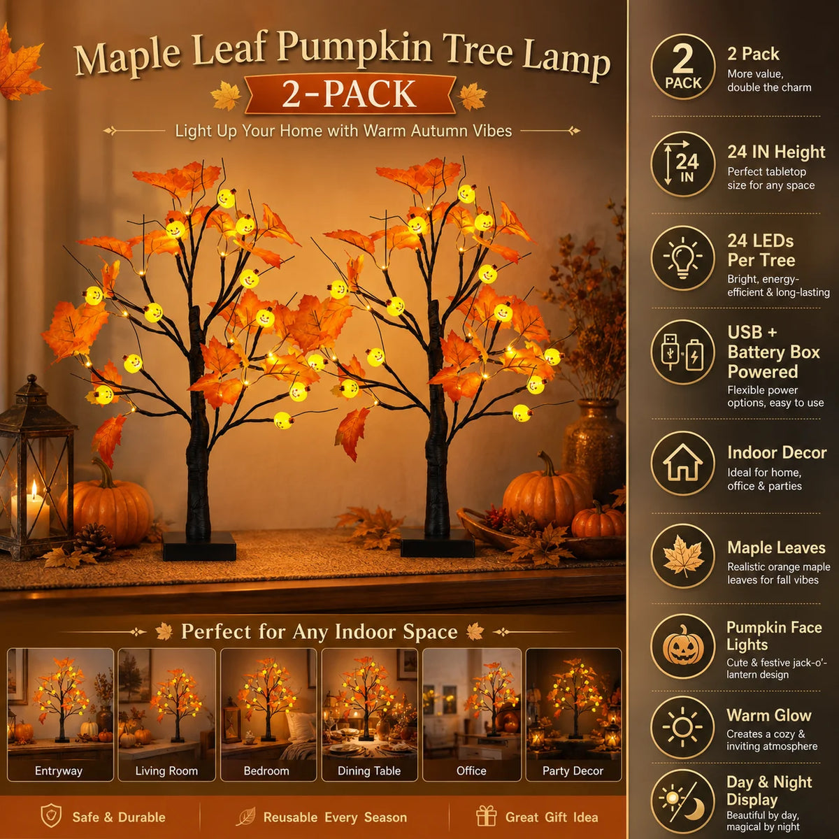 Lighted harvest pumpkin tree with orange LED lights and maple leaves