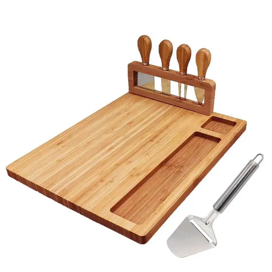 Bamboo Cheese Board Set with 4 Knives — Charcuterie Serving Board
