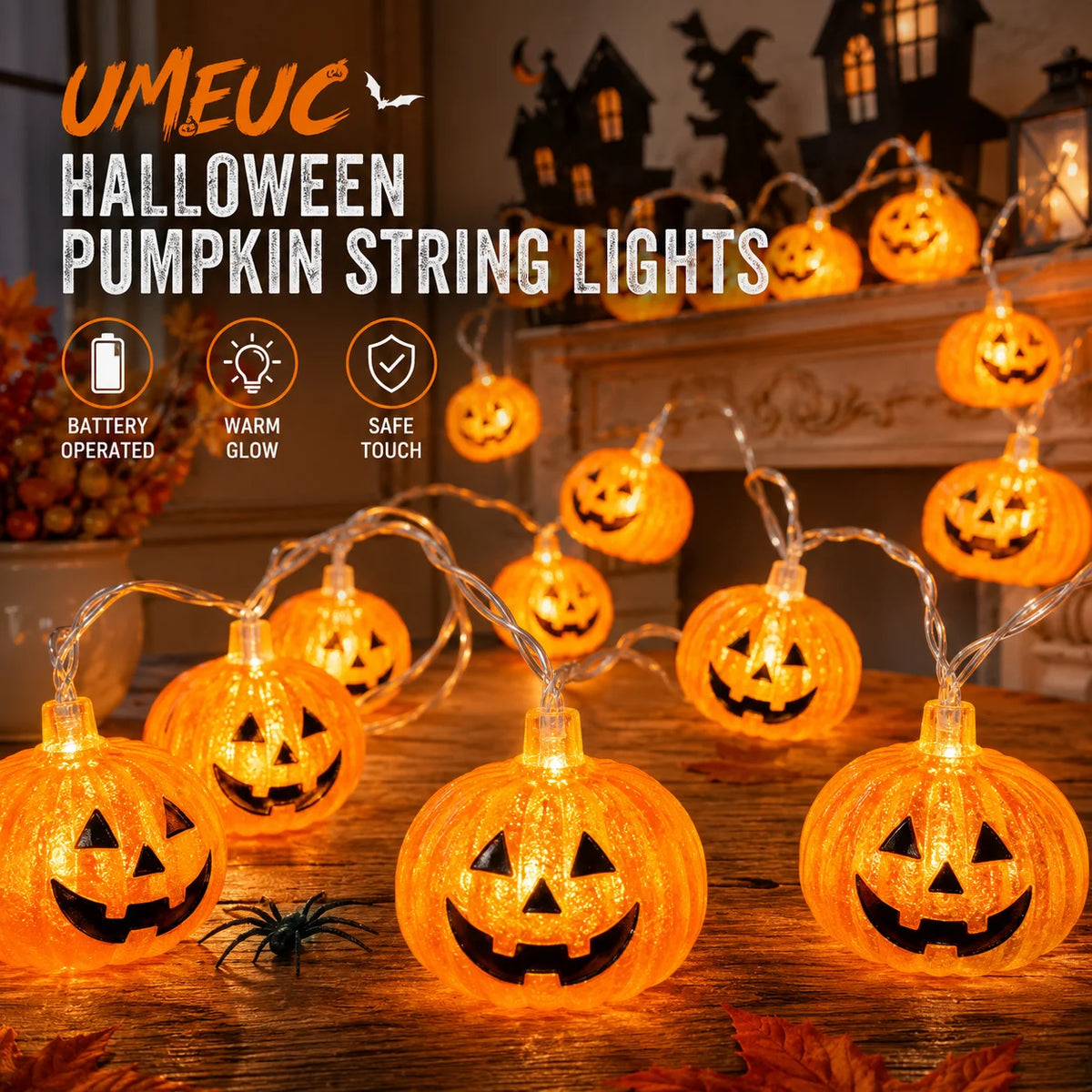Pumpkin-style harvest string lights glowing warm white