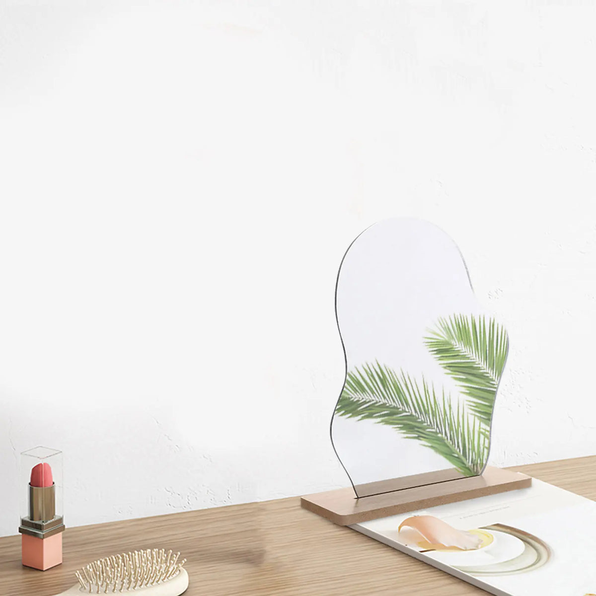 Cloud-shaped acrylic mirror with wooden desk stand