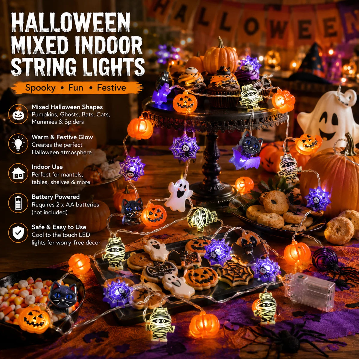 Mixed pumpkin and ghost harvest string lights