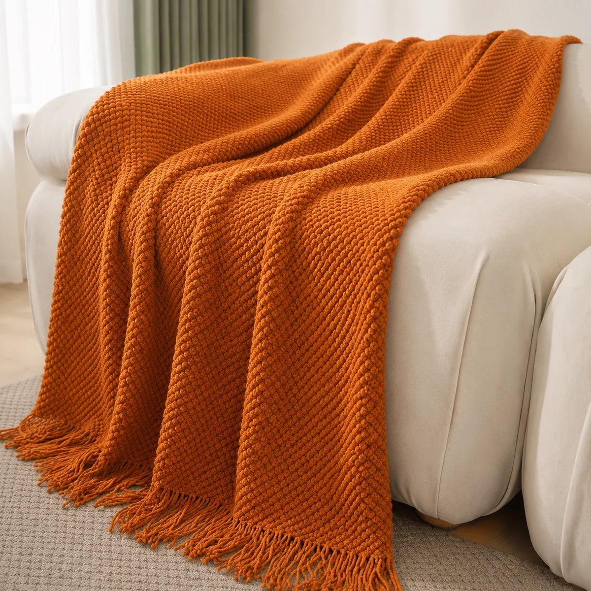 Burnt-orange herringbone knit throw blanket with tassels