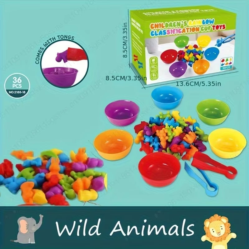 56/36Pcs Rainbow Sorting Game Animal Puzzle Toy Dinosaur Traffic Color Matching Game Education Sensory Toys for Kids Preschool