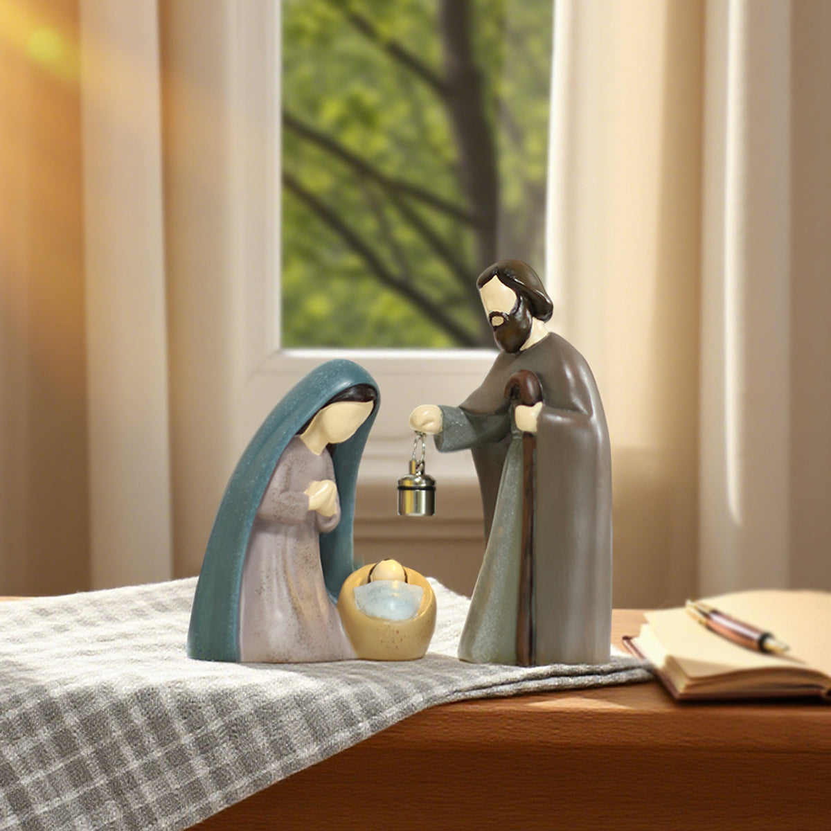 Illuminated nativity lantern with Holy Family scene